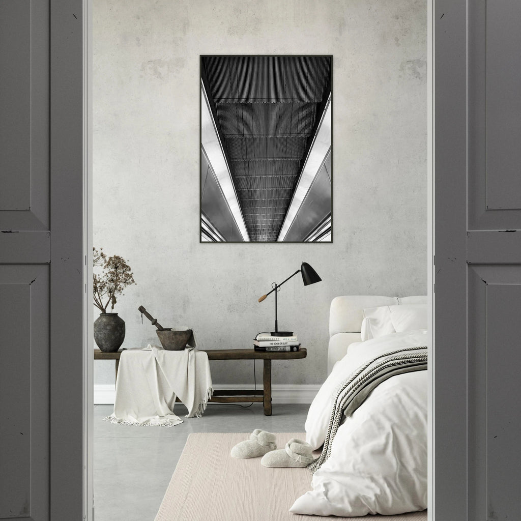 Black and white framed print of a London Tube escalator abstract from the Travel Collection by My Store.