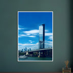 Framed NYC Manhattan Bridge and East River urban photography print, showcasing iconic New York City skyline and bridge views.