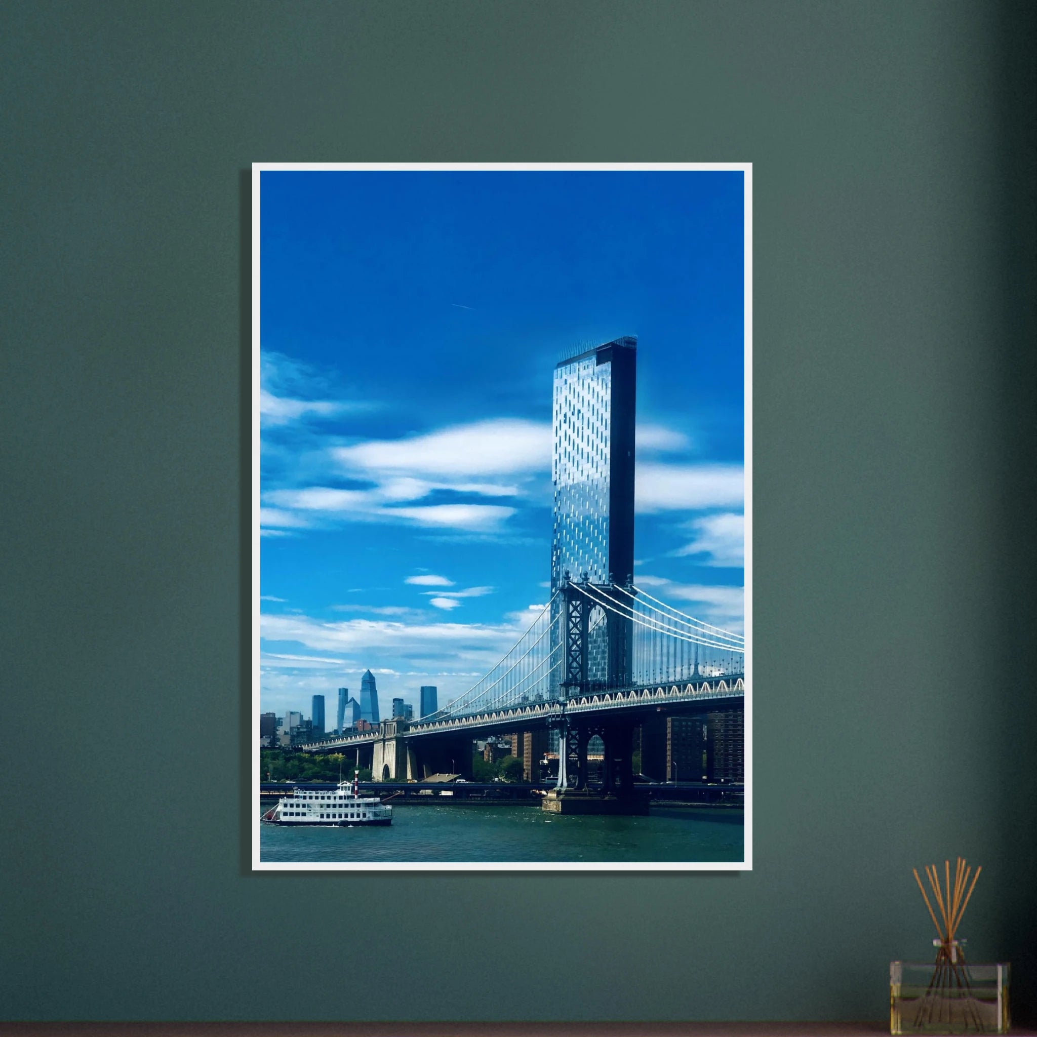 Framed NYC Manhattan Bridge and East River urban photography print, showcasing iconic New York City skyline and bridge views.