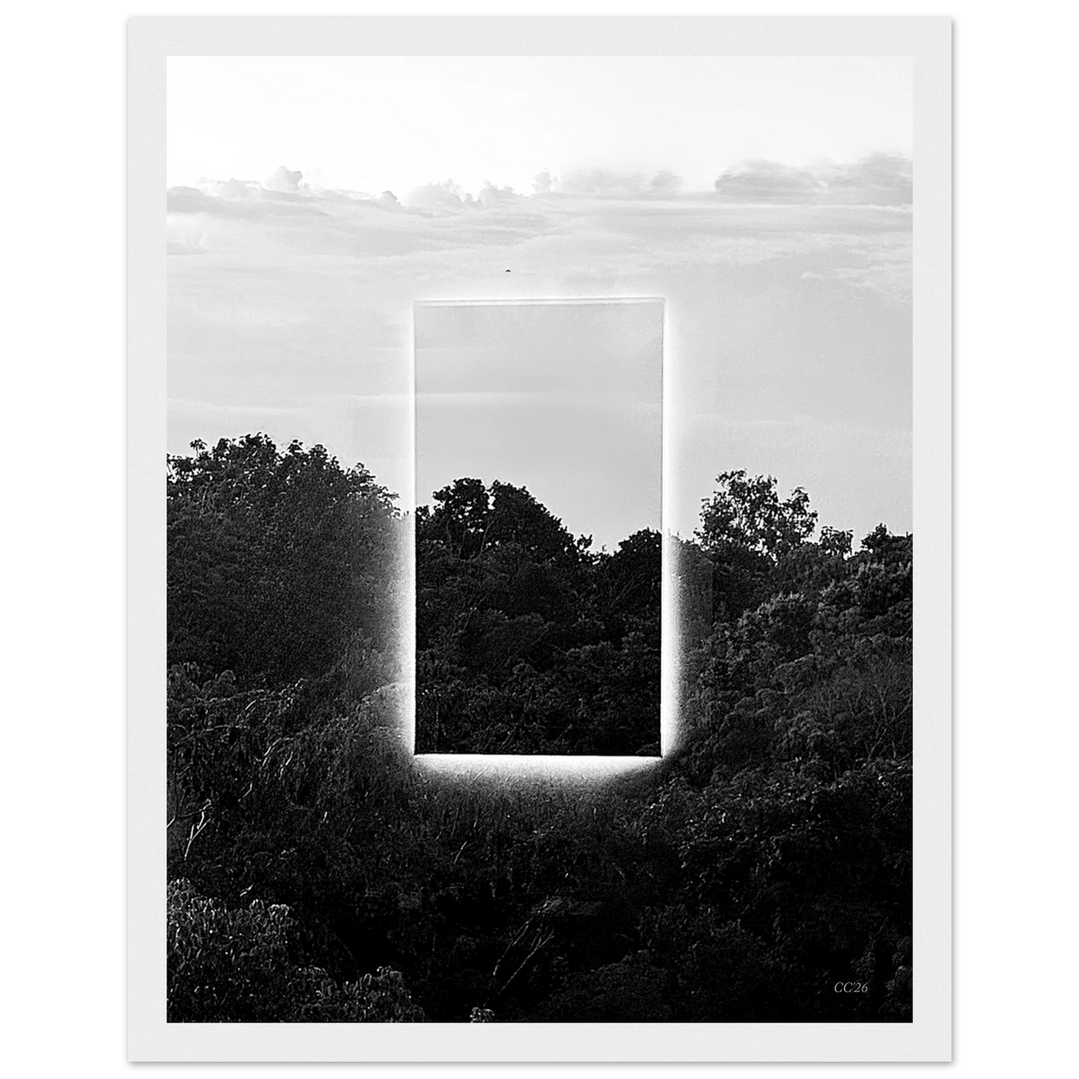 Black and white print titled "A Window into Jungle Stillness" by CaliCuration, showcasing a serene jungle scene in exclusive edition.