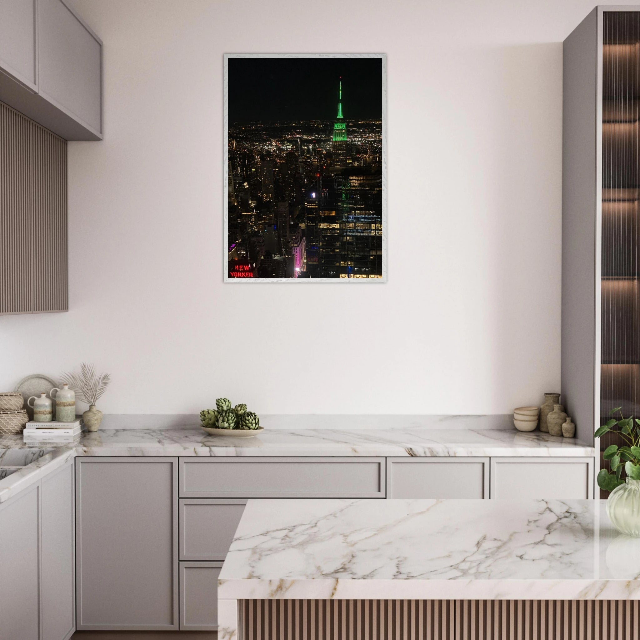 Wood mounted framed poster of iconic NYC downtown night view featuring the Empire State Building from the Studio Edition Travel Collection.