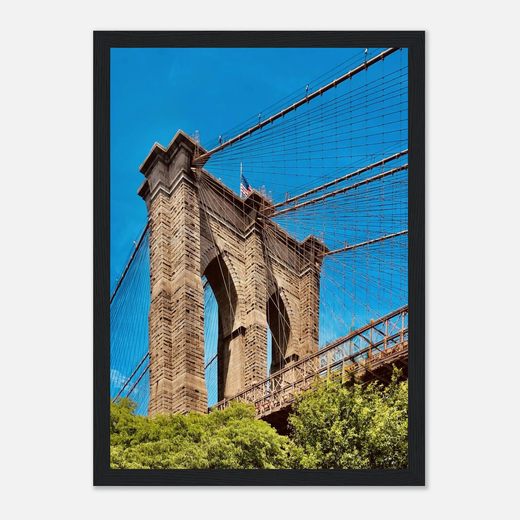 Framed NYC Brooklyn Bridge poster featuring Dumbo view, perfect for travel decor, from the Studio Edition print collection.