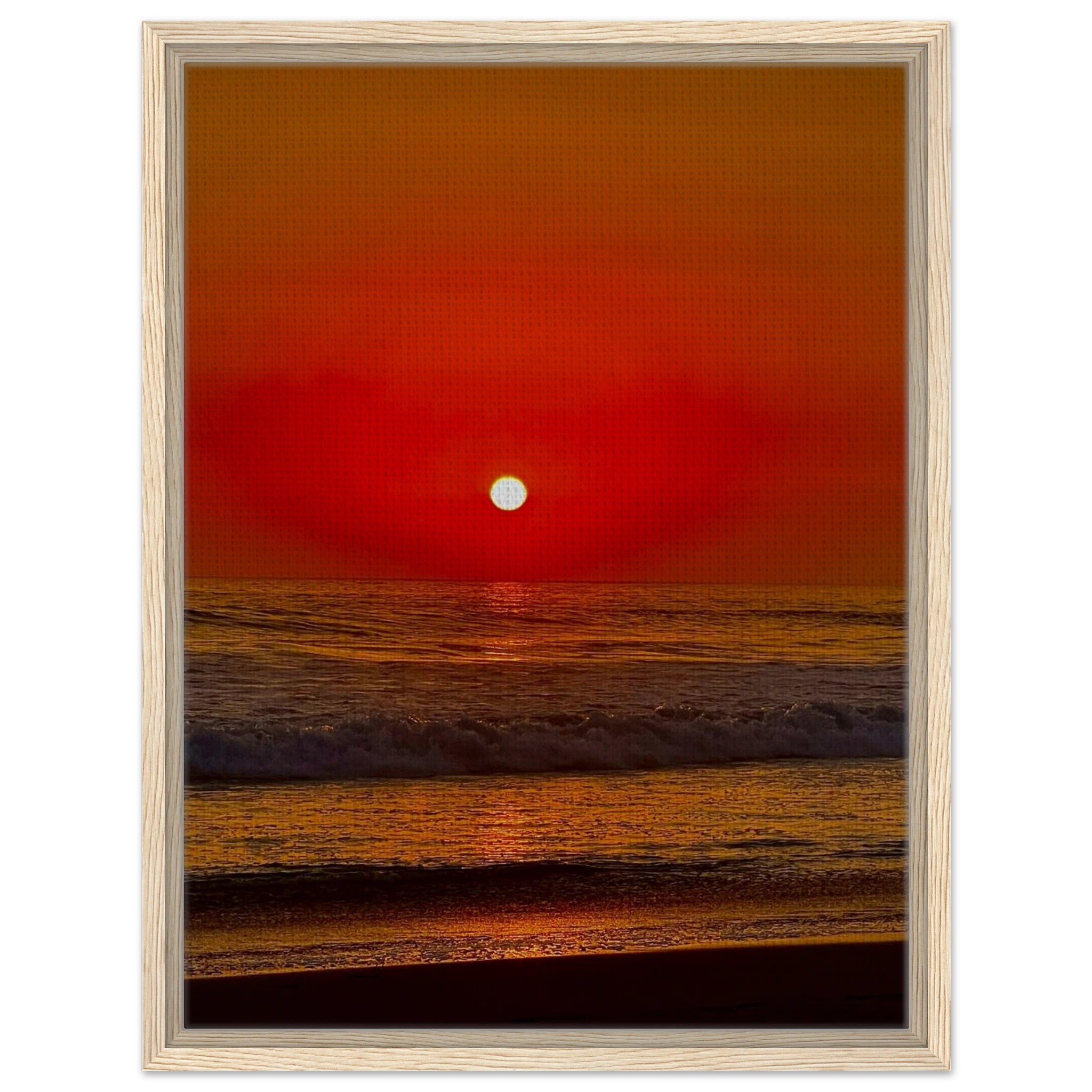 Framed canvas print of California Red Sunset Series 2/3 by CaliCuration, featuring vibrant red sunset hues in a studio edition.