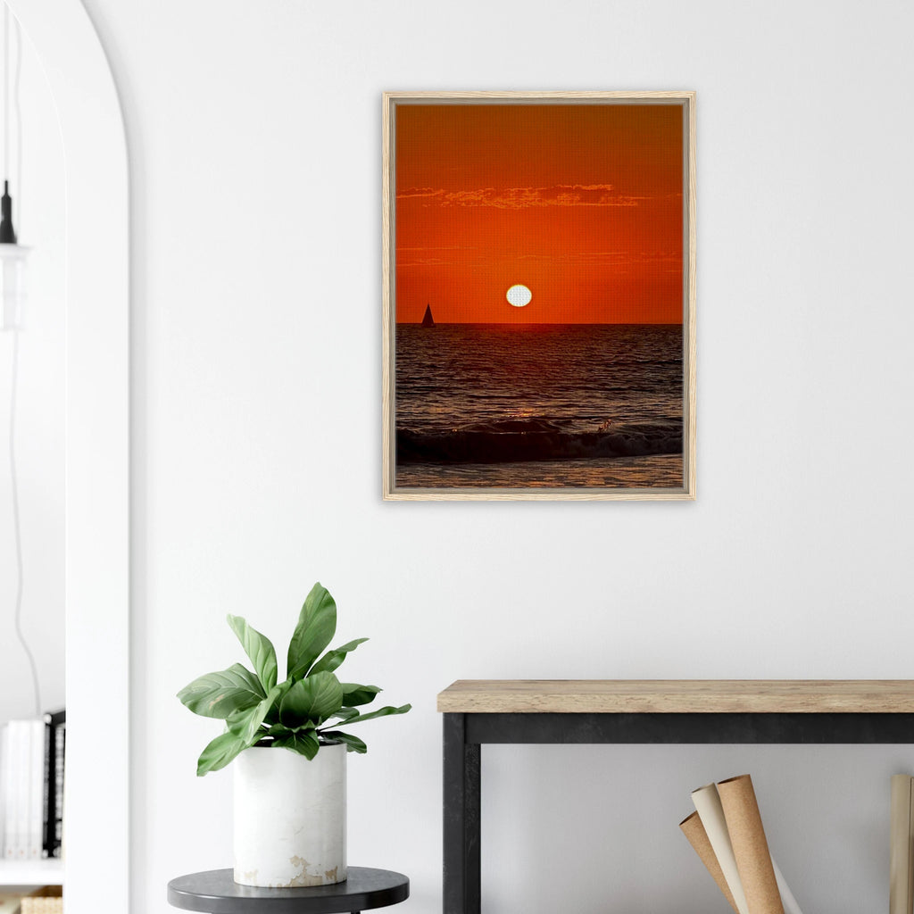 CaliCuration California Red Sunset Series 1/3 framed canvas print with vibrant red hues, showcasing a stunning sunset scene.