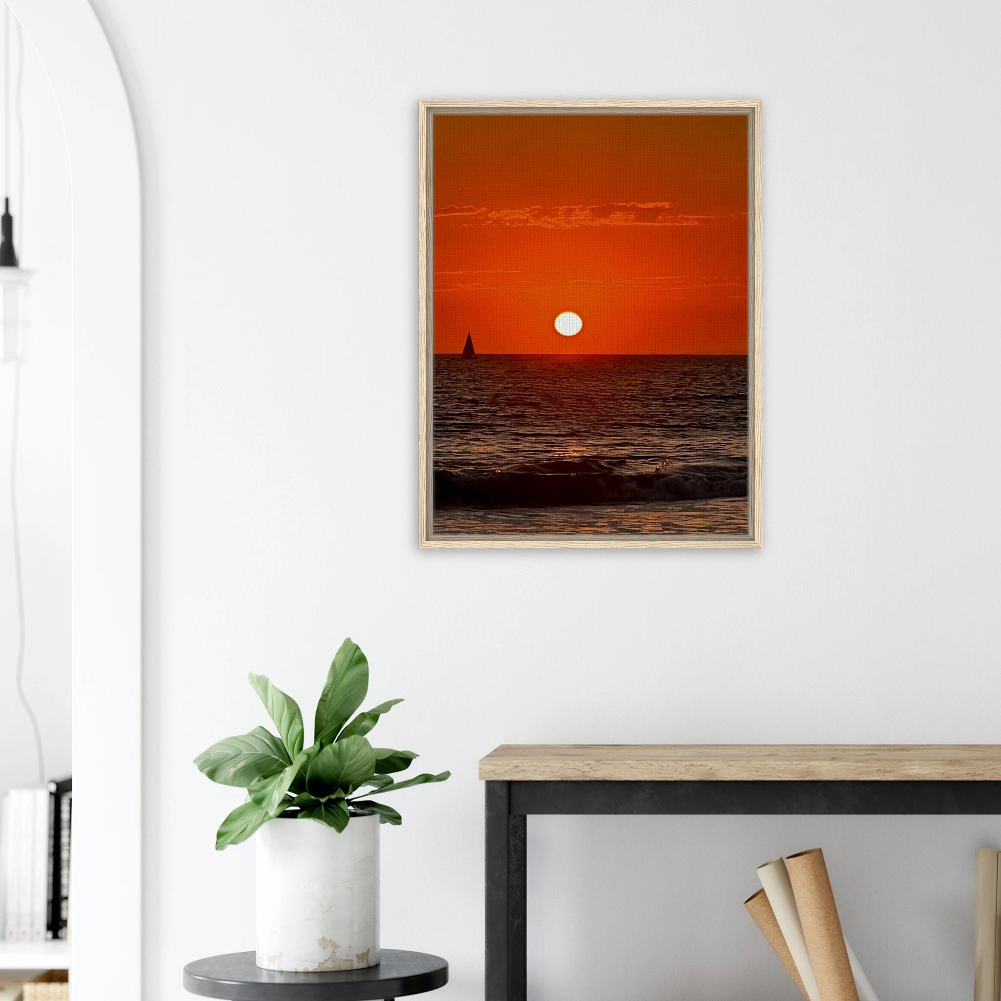 CaliCuration California Red Sunset Series 1/3 framed canvas print with vibrant red hues, showcasing a stunning sunset scene.