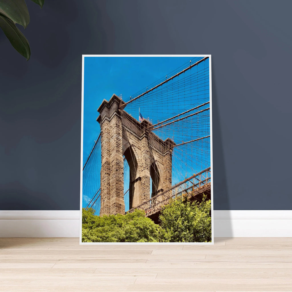 Framed NYC Brooklyn Bridge poster featuring a Dumbo view, showcasing vibrant summer cityscape in a Studio Edition print from My Store.