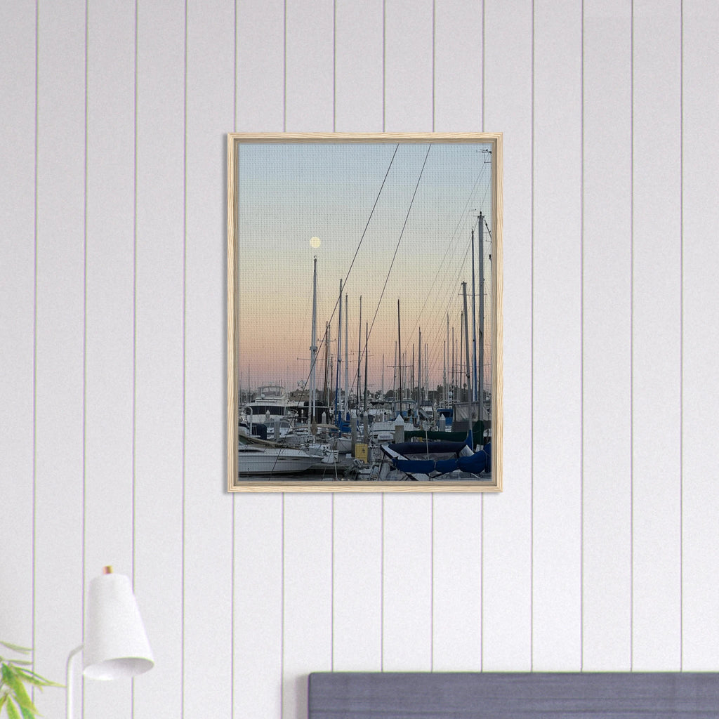 Framed canvas art print of a summer evening marina scene in Marina Del Rey, CA with nautical and chic tones, California Canvas Studio Edition.