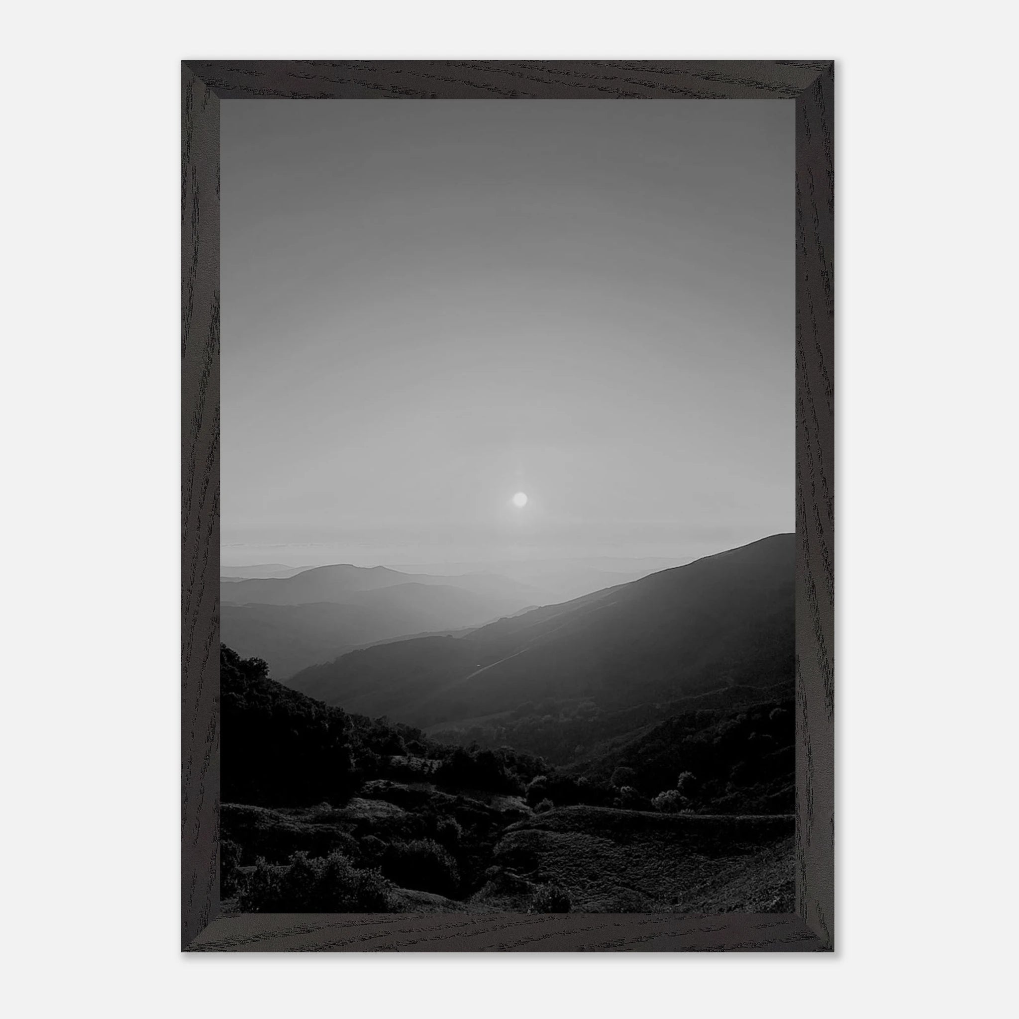 Black and white mounted framed poster of California Central Coast sunset from the Studio Edition travel collection, print material.