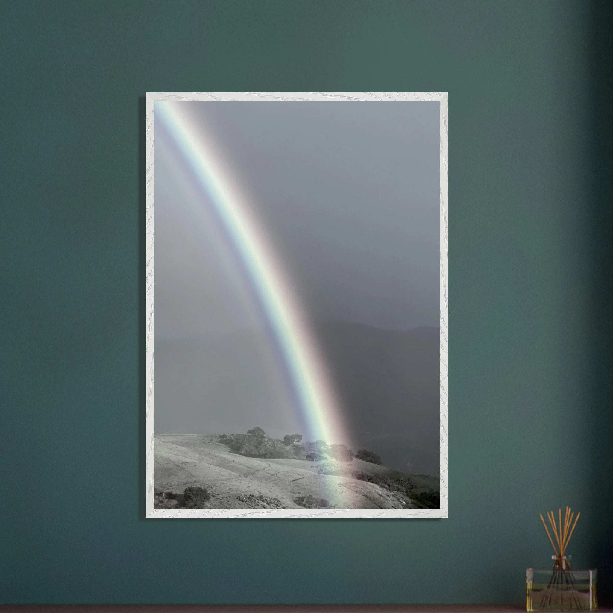 Black and white mounted framed poster of Post Summer Storm Rainbow from the California Central Coast travel collection, studio edition.