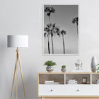 Premium wooden framed black and white California poster art featuring SoCal beach icons in a semi-glossy finish.