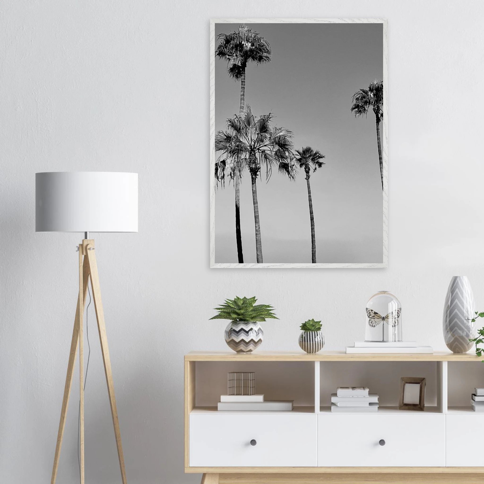 Premium wooden framed black and white California poster art featuring SoCal beach icons in a semi-glossy finish.