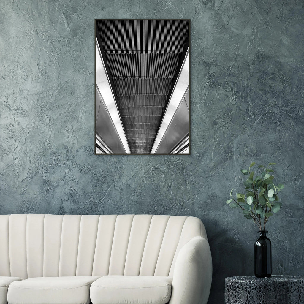 Black and white framed print of London Tube escalator abstract artwork from the Travel Collection, Studio Edition, by My Store.