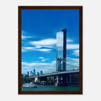 Framed NYC Manhattan Bridge and East River urban photography print, showcasing iconic New York City skyline and bridge details.