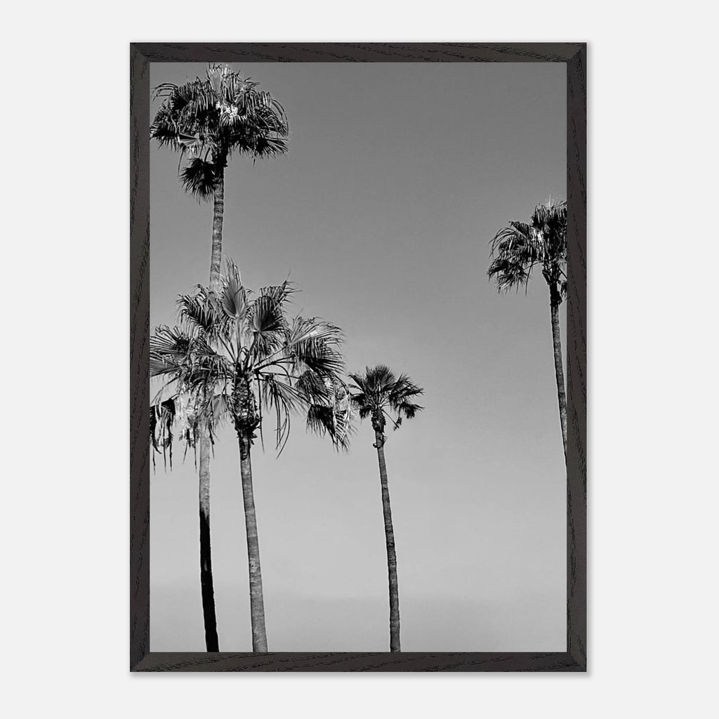 Premium wooden framed black and white California poster art featuring SoCal beach icons in semi-glossy finish.