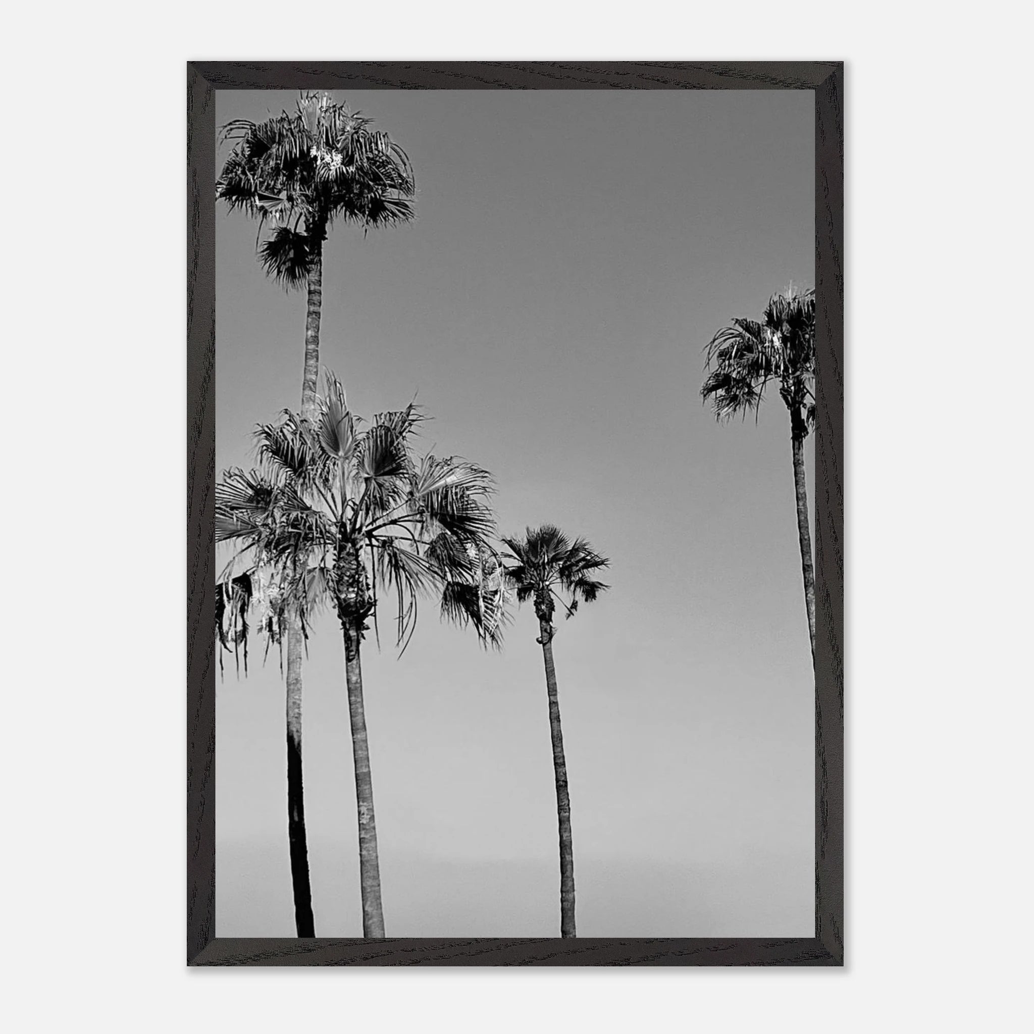 Premium wooden framed black and white California poster art featuring SoCal beach icons in semi-glossy finish.
