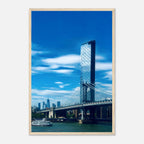 Framed NYC Manhattan Bridge and East River urban photography print, showcasing iconic New York City skyline and bridge details.