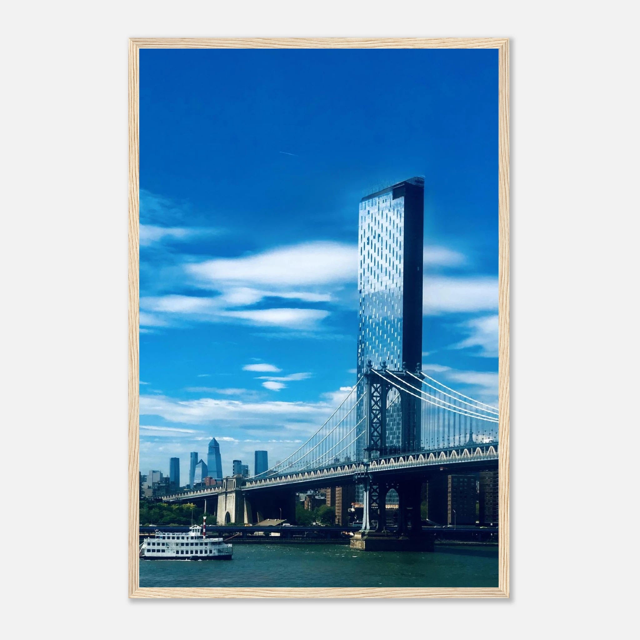 Framed NYC Manhattan Bridge and East River urban photography print, showcasing iconic New York City skyline and bridge details.