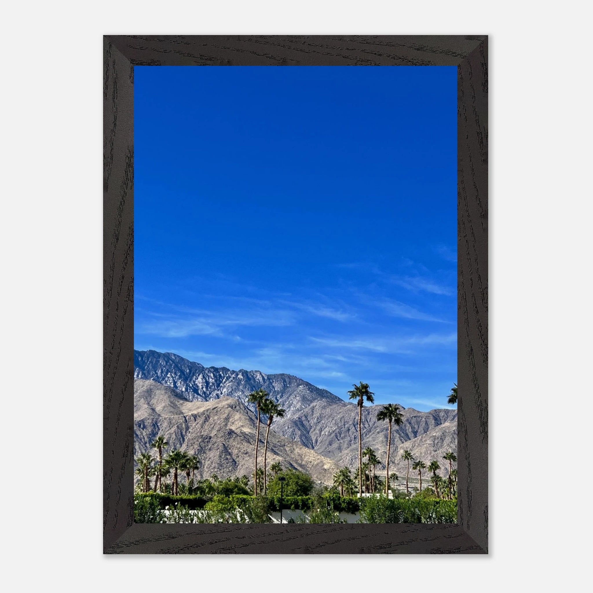 Premium wooden framed poster of a sunny fall day in Palm Springs, California, featuring vibrant autumn scenery and stylish decor.