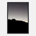 Black and white Hollywood Hills fall moon poster print with wooden frame, part of the California Studio Edition art collection.