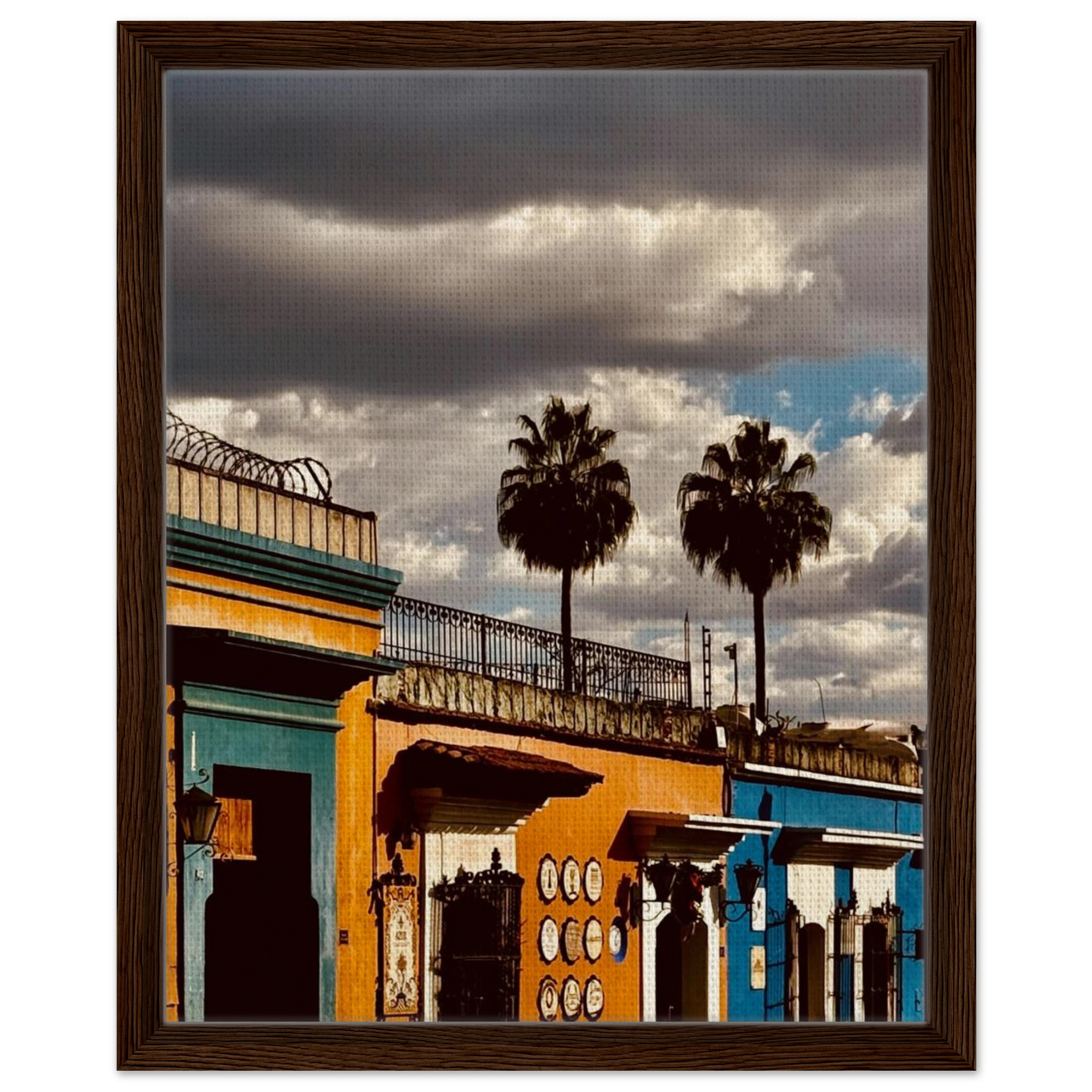 Oaxaca two palm trees framed canvas print from CaliCuration's Mexico travel collection, vibrant tropical landscape artwork.