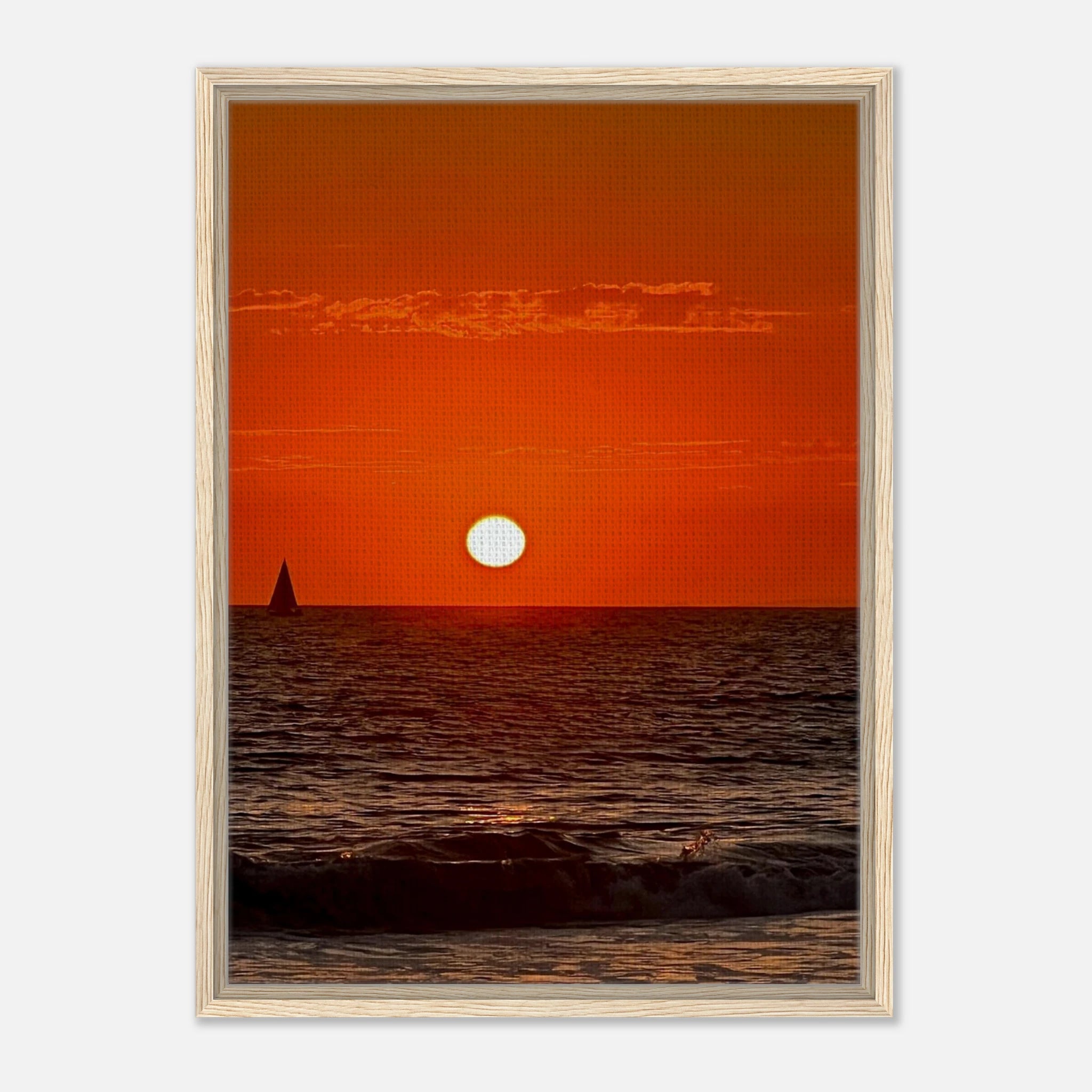 Framed canvas print of California Red Sunset Series 1/3 by CaliCuration featuring vibrant red sunset hues, studio edition artwork.