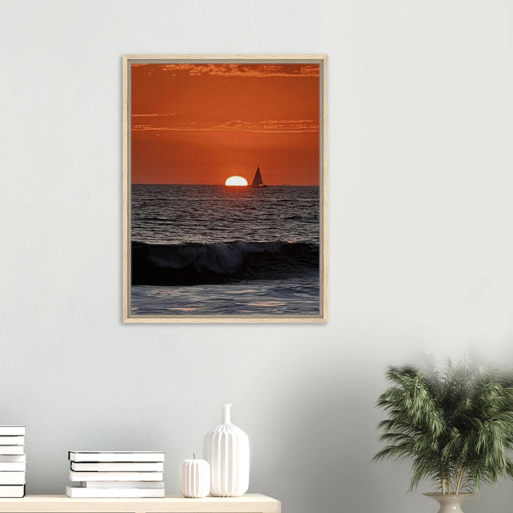 California Red Sunset Series 4/4 wooden framed canvas print by CaliCuration featuring vibrant red sunset hues and natural wood frame.