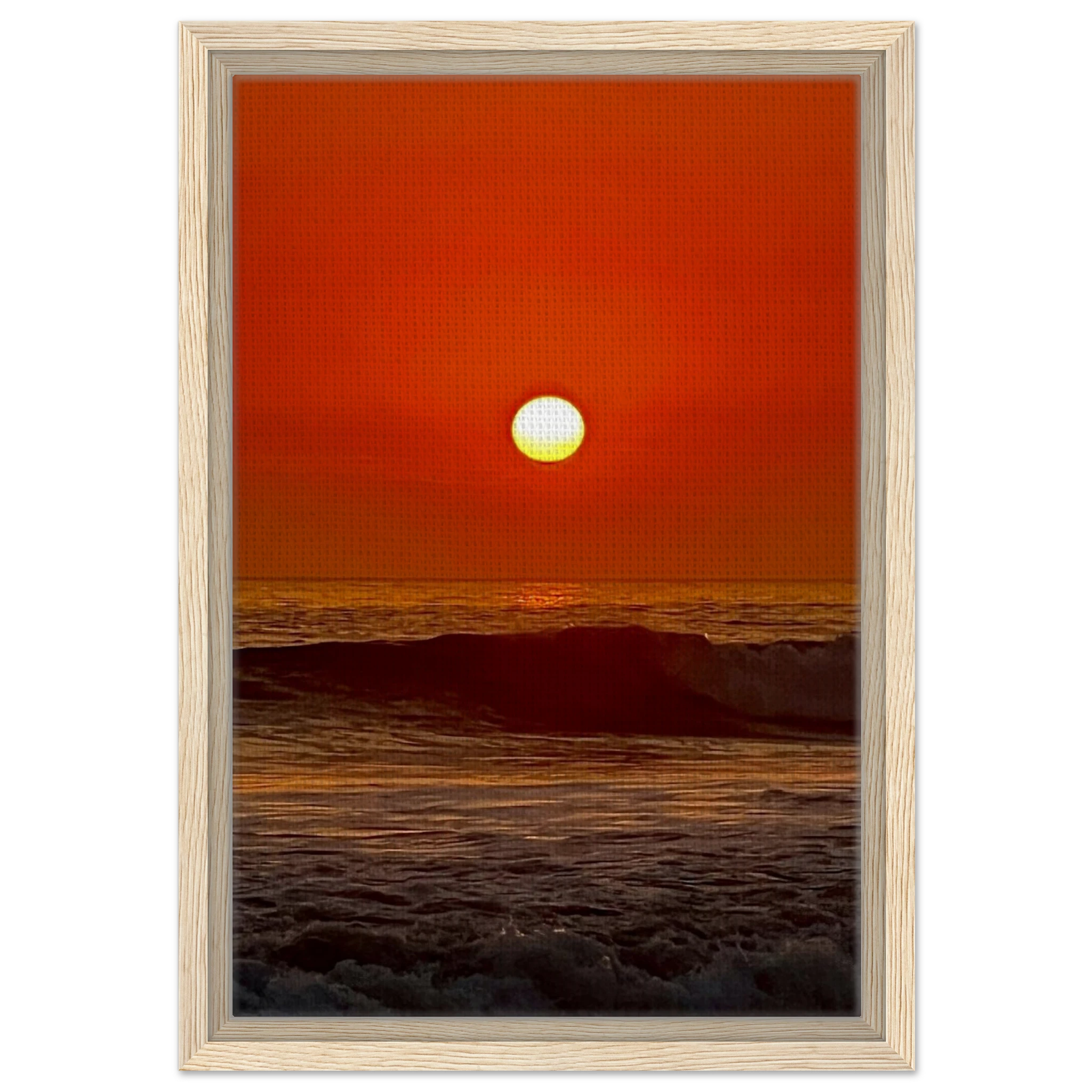 Framed canvas print of California Red Sunset Series 3/3 by CaliCuration, showcasing vibrant red hues in a captivating sunset scene.