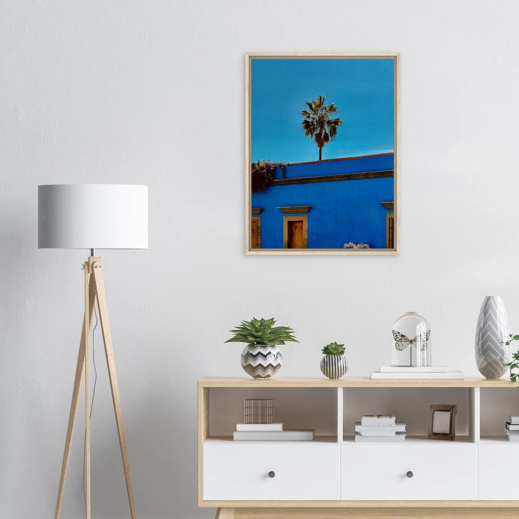 Colorful print of Oaxaca streets with palm trees on blue canvas artwork by CaliCuration from the Mexico travel collection.