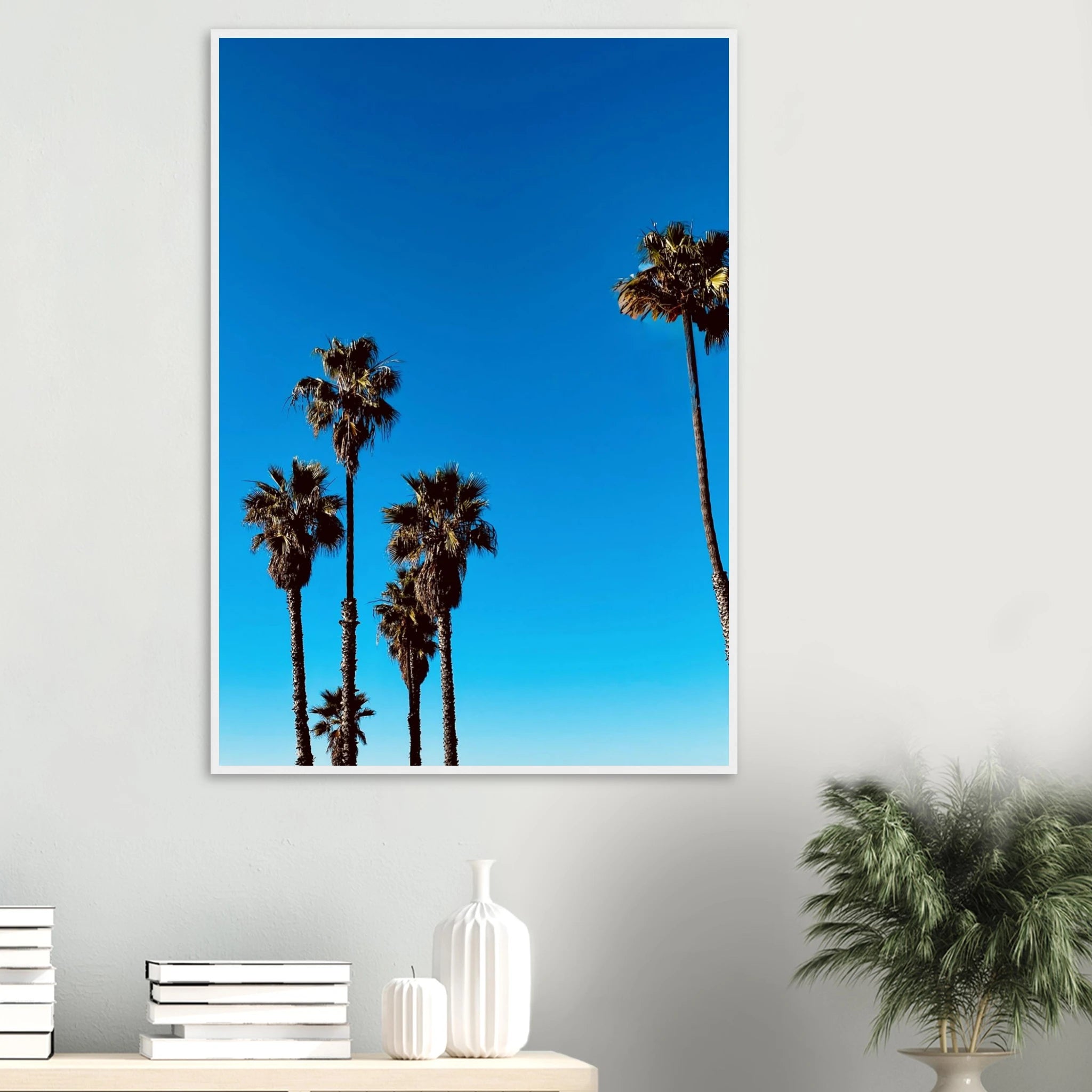 CaliCuration Santa Barbara Palm Tree Magic poster framed in wood, featuring California scenic art on semi-glossy paper, spring 2026 edition.