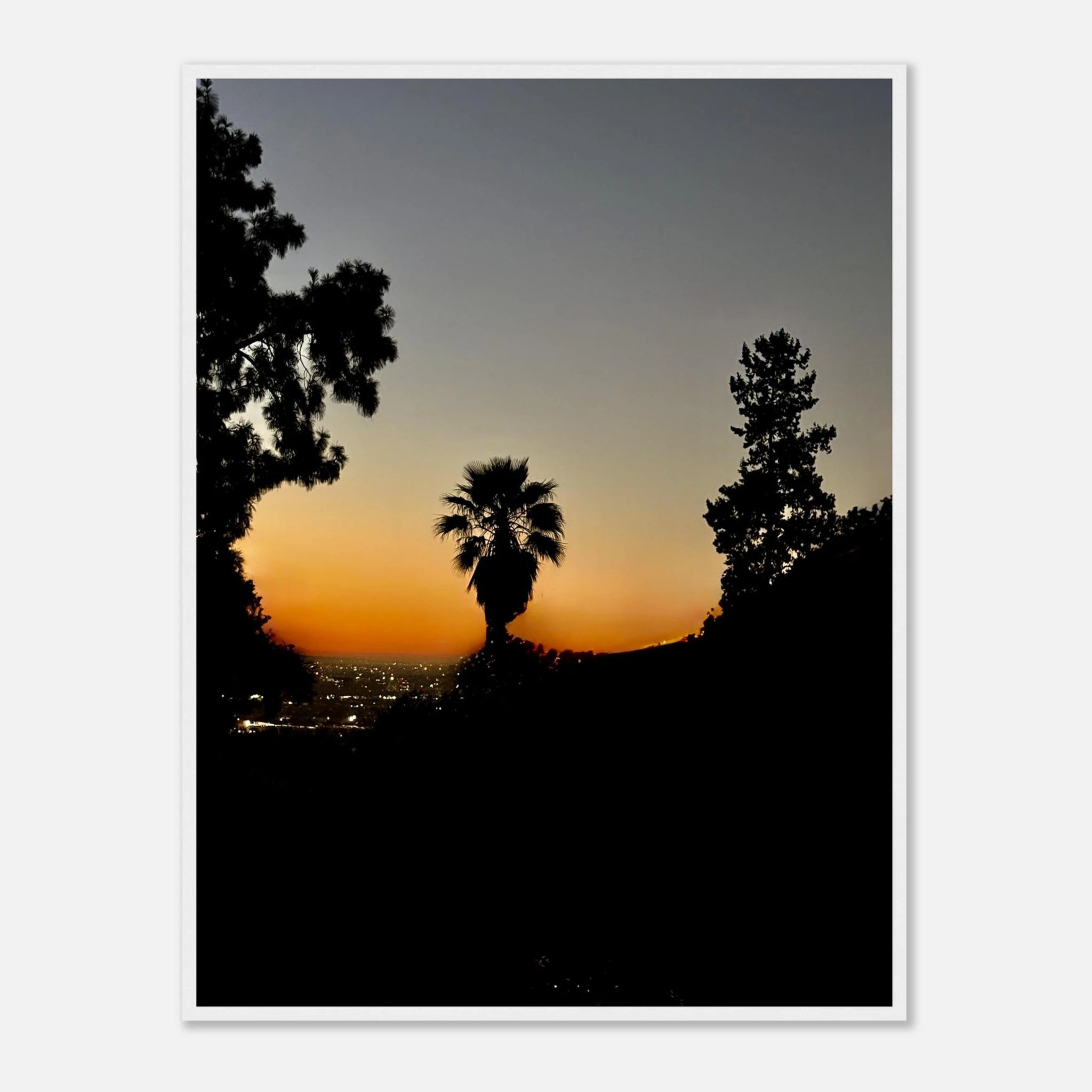 Framed print of Winter Sunset Laurel Canyon in Hollywood Hills, California poster art, studio edition, showcasing vibrant sunset colors.
