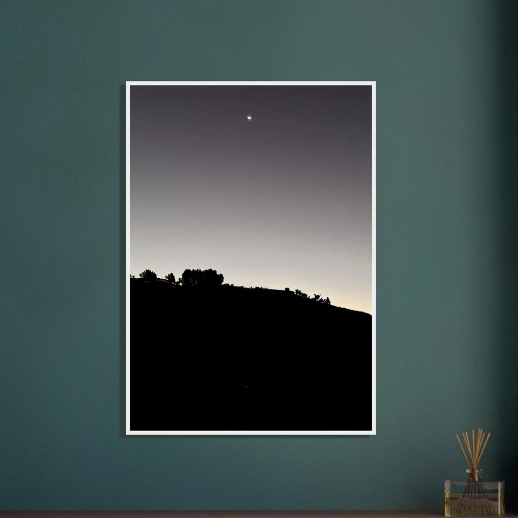 Wooden framed semi-glossy black and white Hollywood Hills fall poster featuring a new moon, California scenery, studio edition print.