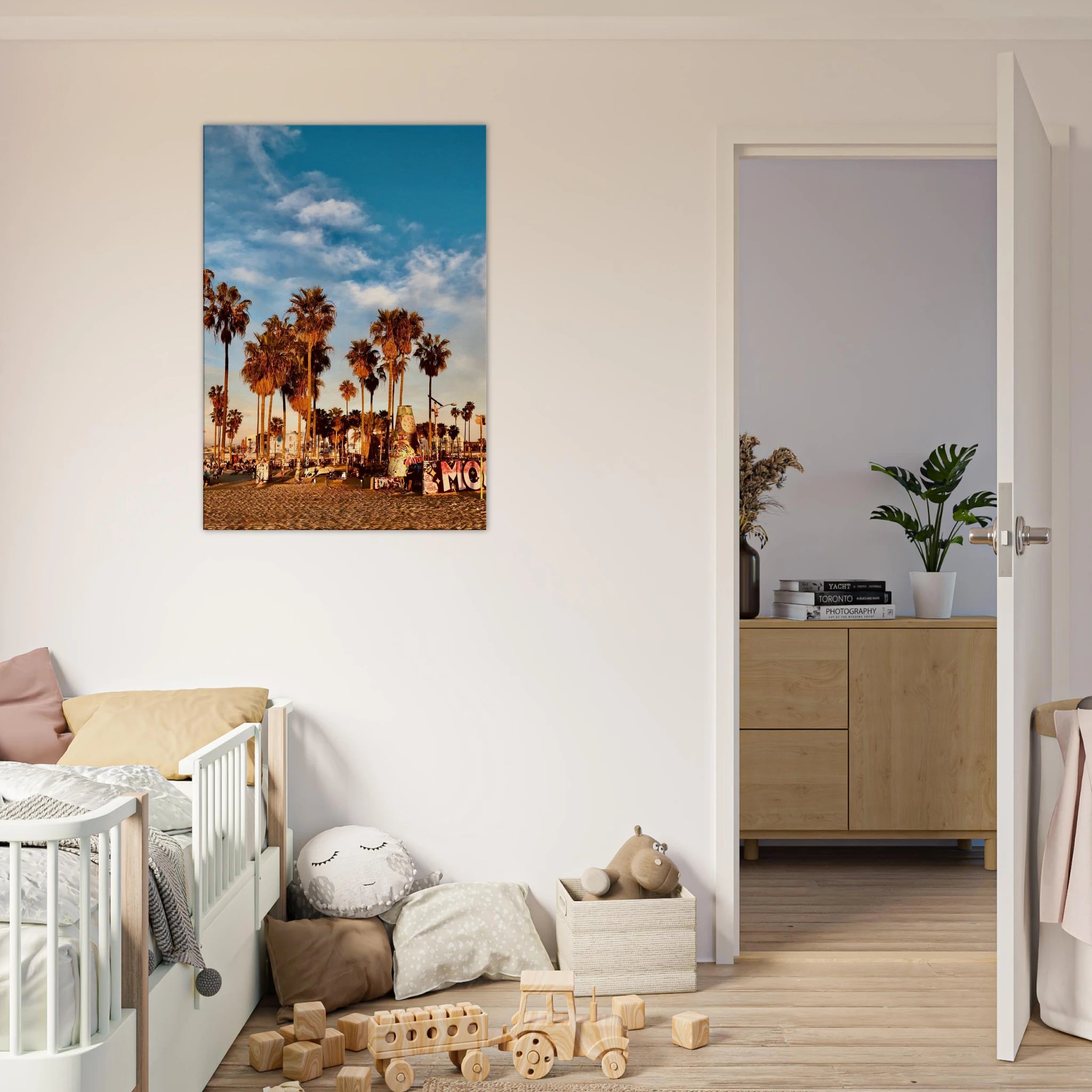 SoCal Beach canvas print featuring edgy palm trees and graffiti design, California Studio Edition wall art in print material.