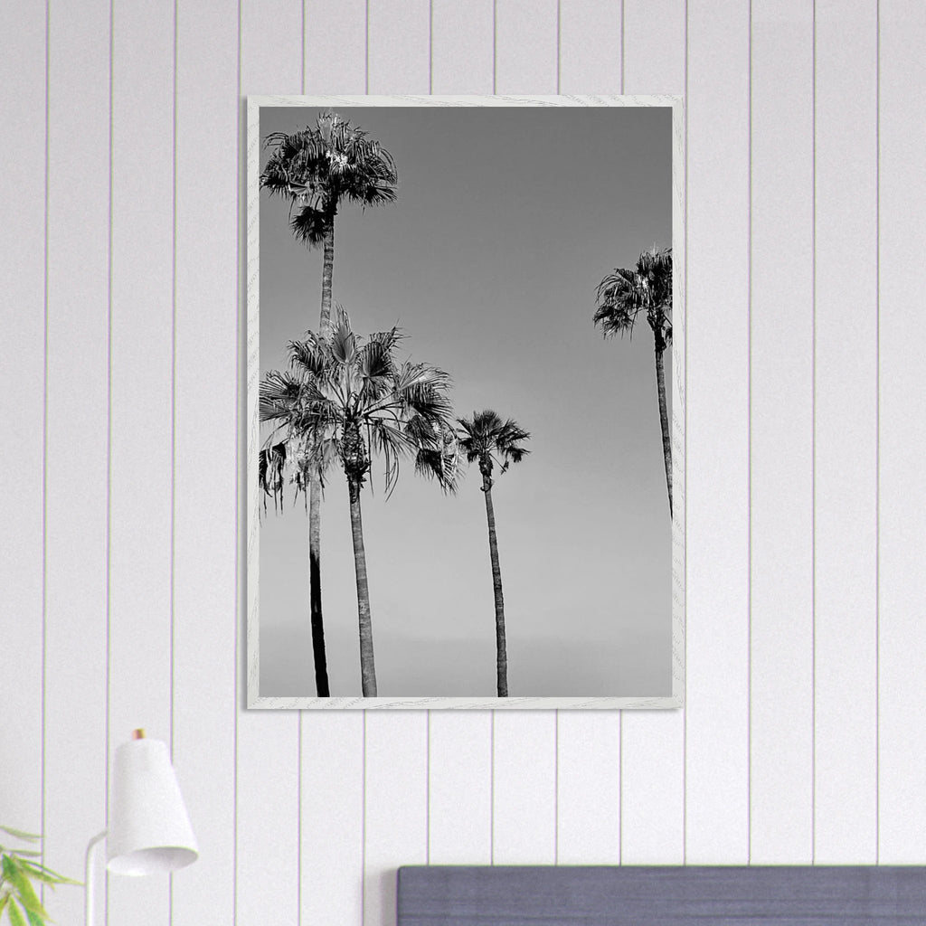 Black and white California poster art in a premium wooden frame featuring SoCal beach icons from the Studio Edition series.