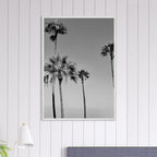 Black and white California poster art in a premium wooden frame featuring SoCal beach icons from the Studio Edition series.