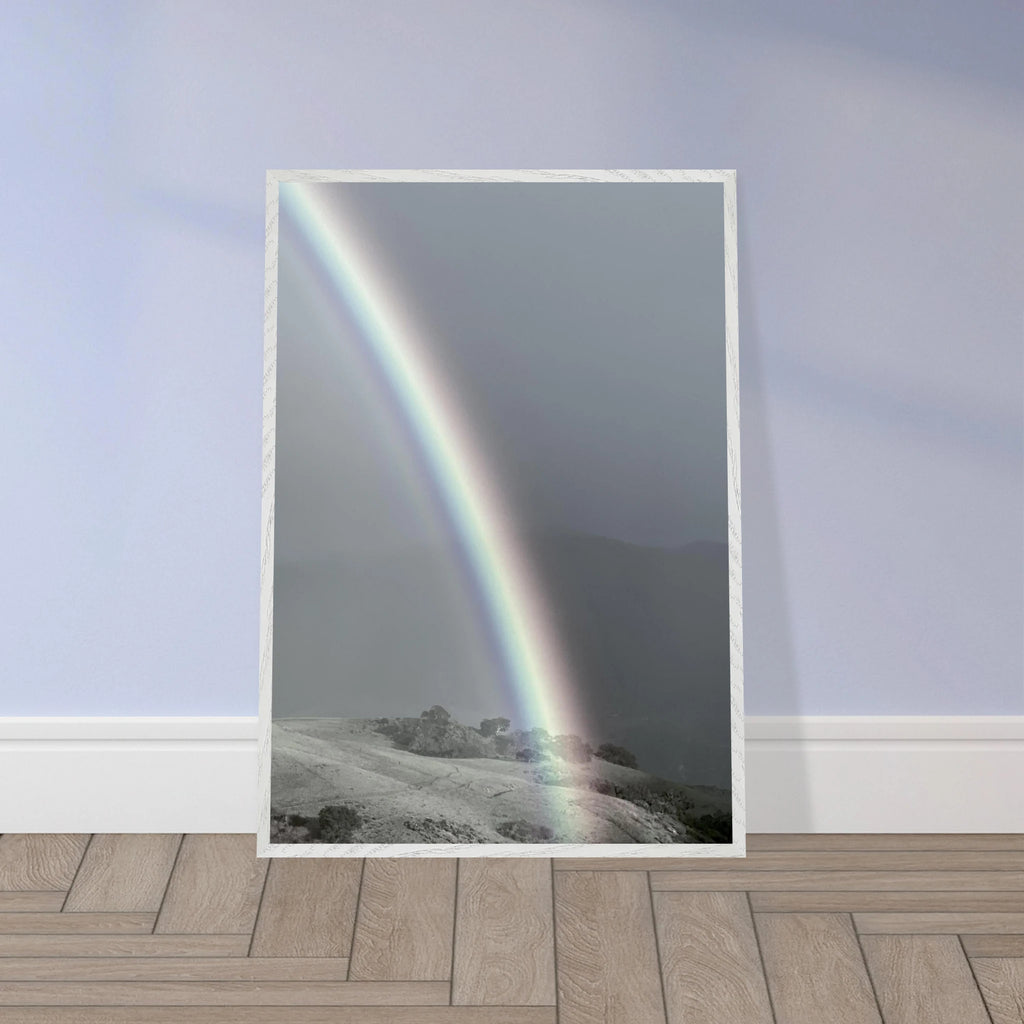 Black and white mounted framed poster of a rainbow after summer storm, part of the California Central Coast travel collection.