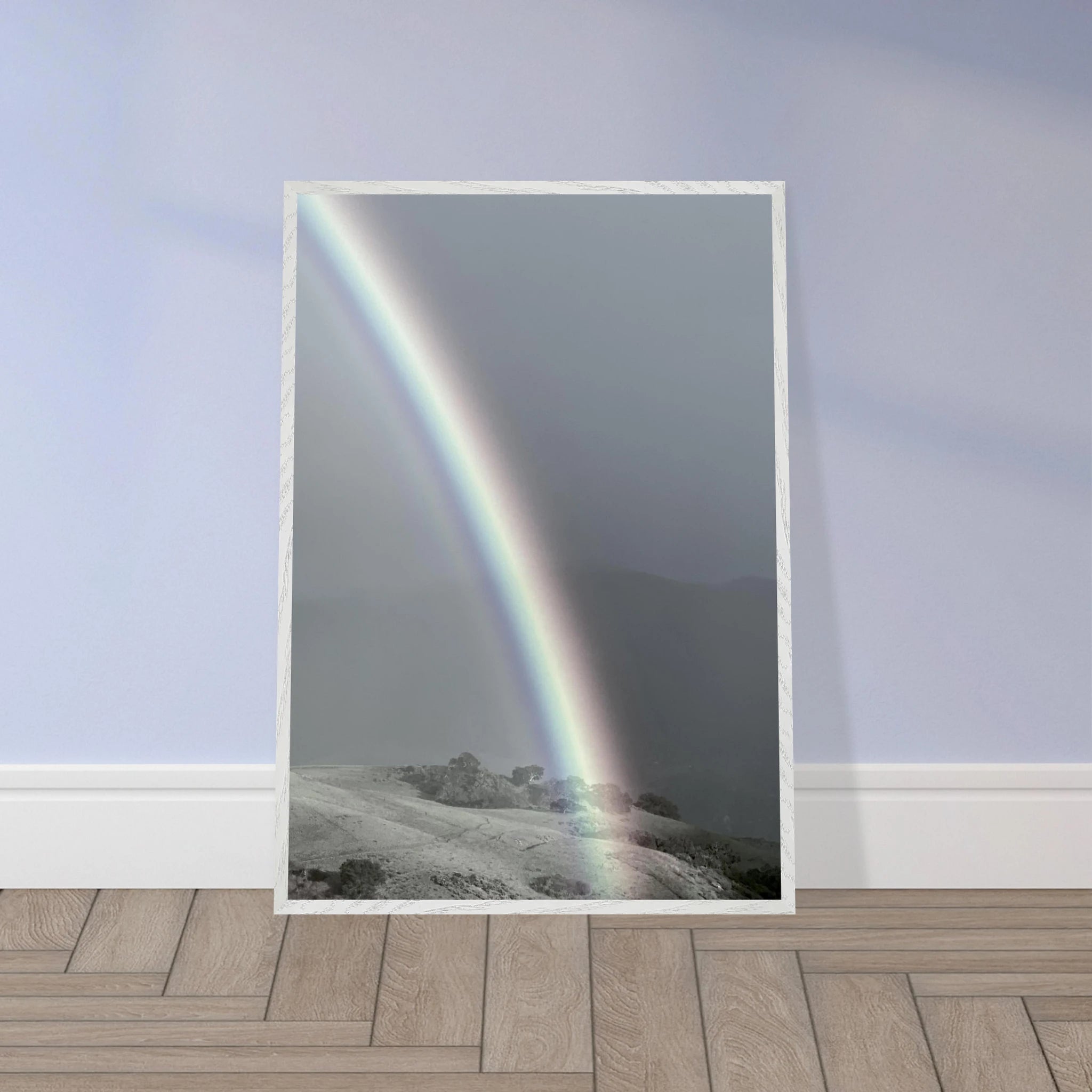 Black and white mounted framed poster of a rainbow after summer storm, part of the California Central Coast travel collection.