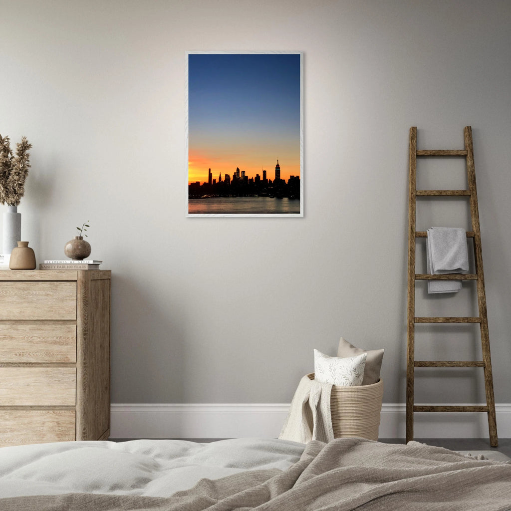 Manhattan Skyline sunset framed poster, NYC wall art print on high-quality material featuring iconic cityscape at dusk