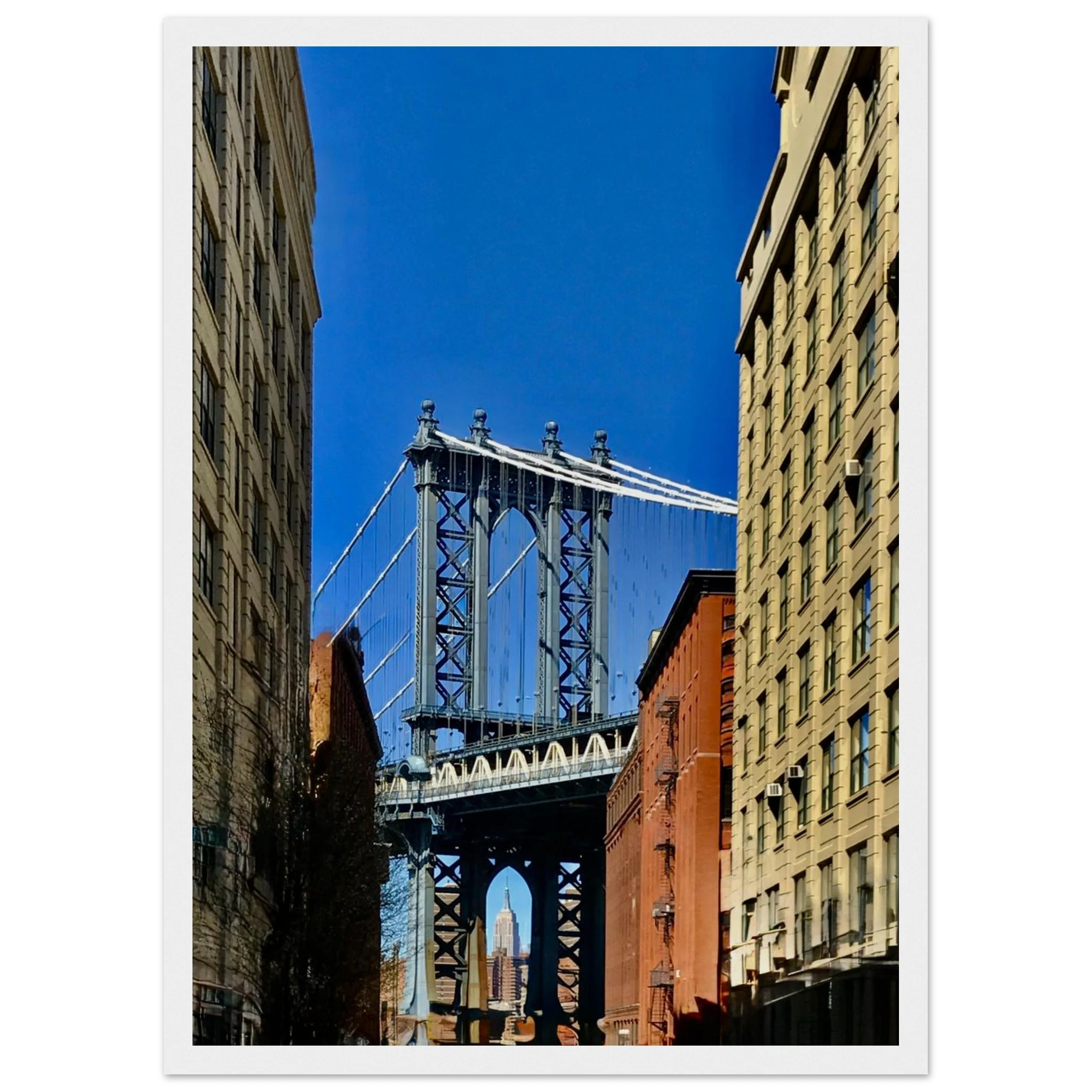 NYC Dumbo skyline wooden framed print by CaliCuration, spring day travel wall art, showcasing cityscape and vibrant colors.