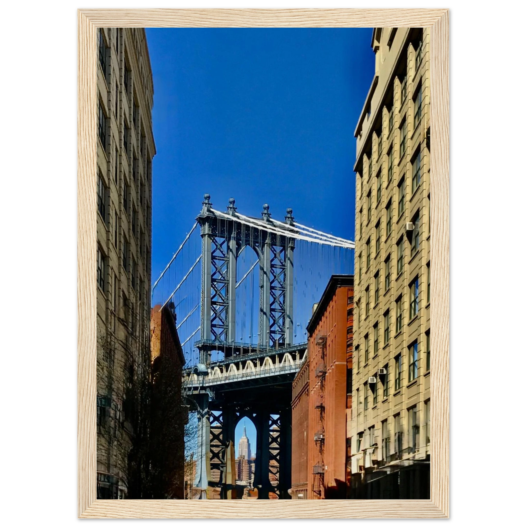 NYC Dumbo skyline wooden framed print by CaliCuration, spring day travel wall art, featuring the iconic Brooklyn Bridge and cityscape.