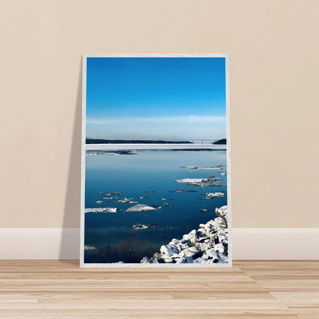 Premium wooden framed Hudson Valley winter poster print by My Store featuring snowy landscape and travel-themed holiday scene.