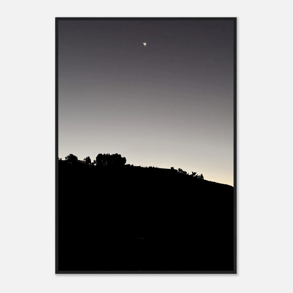 Black and white wooden framed poster featuring a fall moon over Hollywood Hills, part of the California Studio Edition print series.