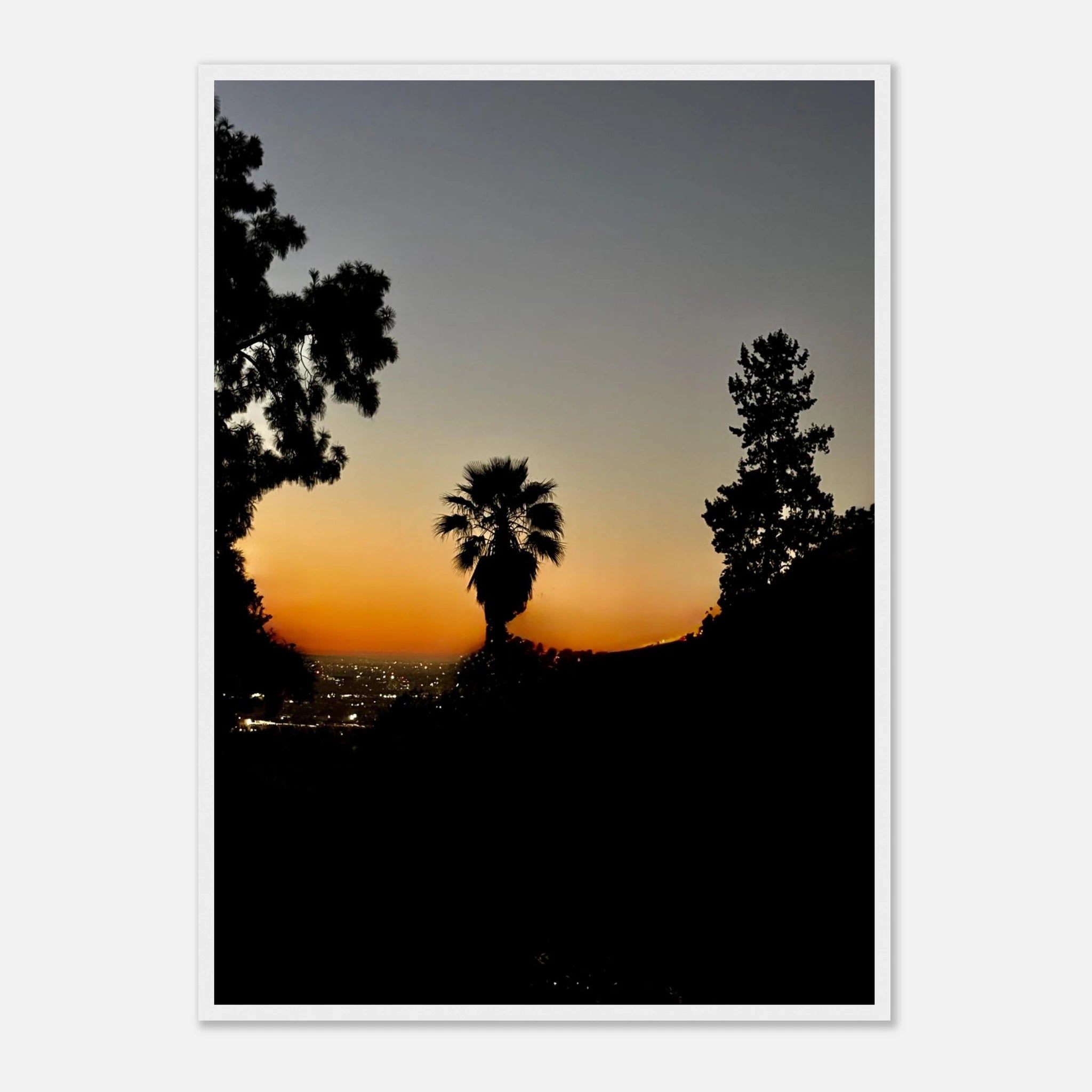 Winter Sunset Laurel Canyon Hollywood Hills framed poster, California art print with vibrant sunset colors and mountain scenery.