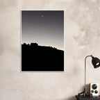 Wooden framed semi-glossy poster featuring black and white California Hollywood Hills moon art, studio edition print.