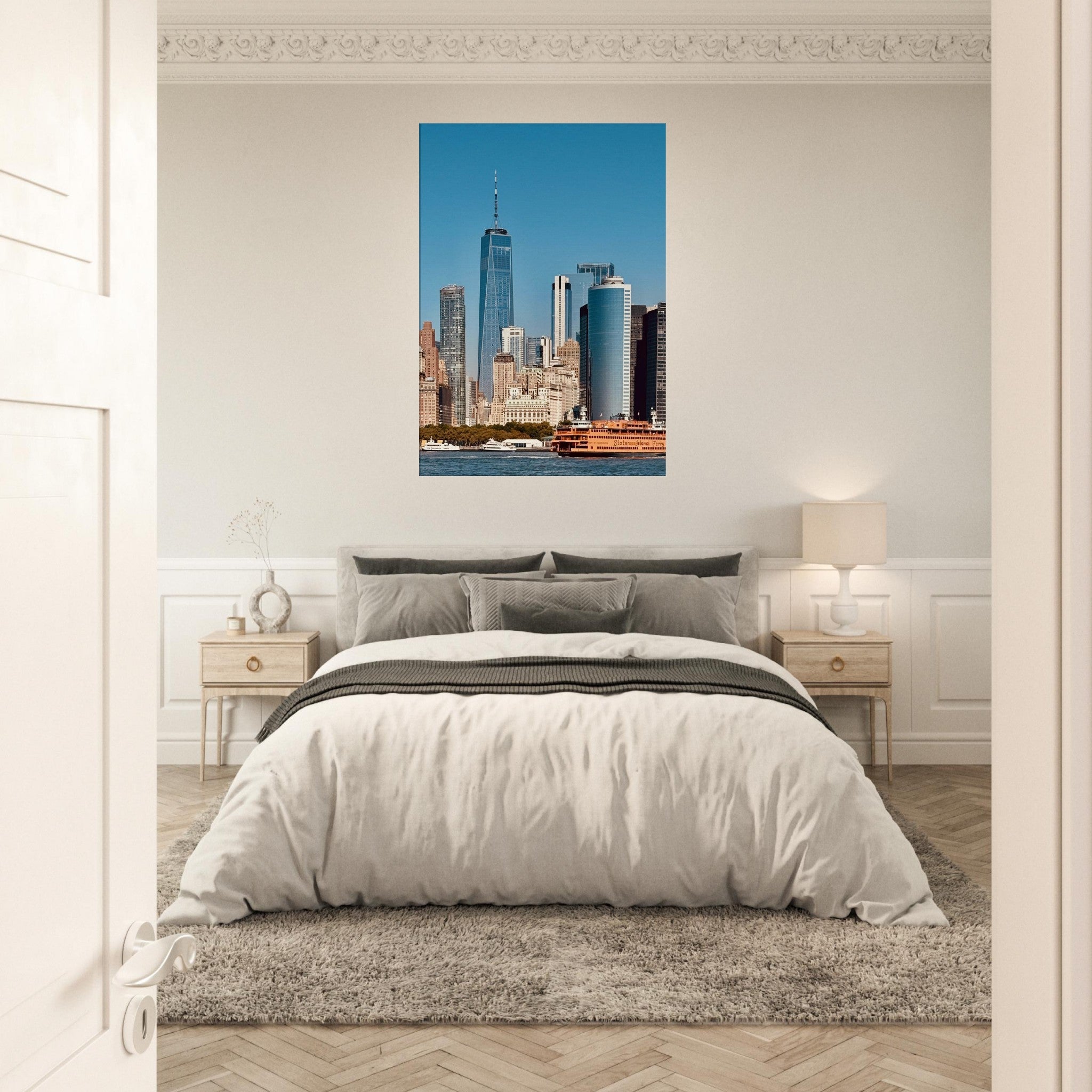 NYC skyline canvas print featuring the World Trade Center and Staten Island Ferry, part of the Studio Edition travel collection.