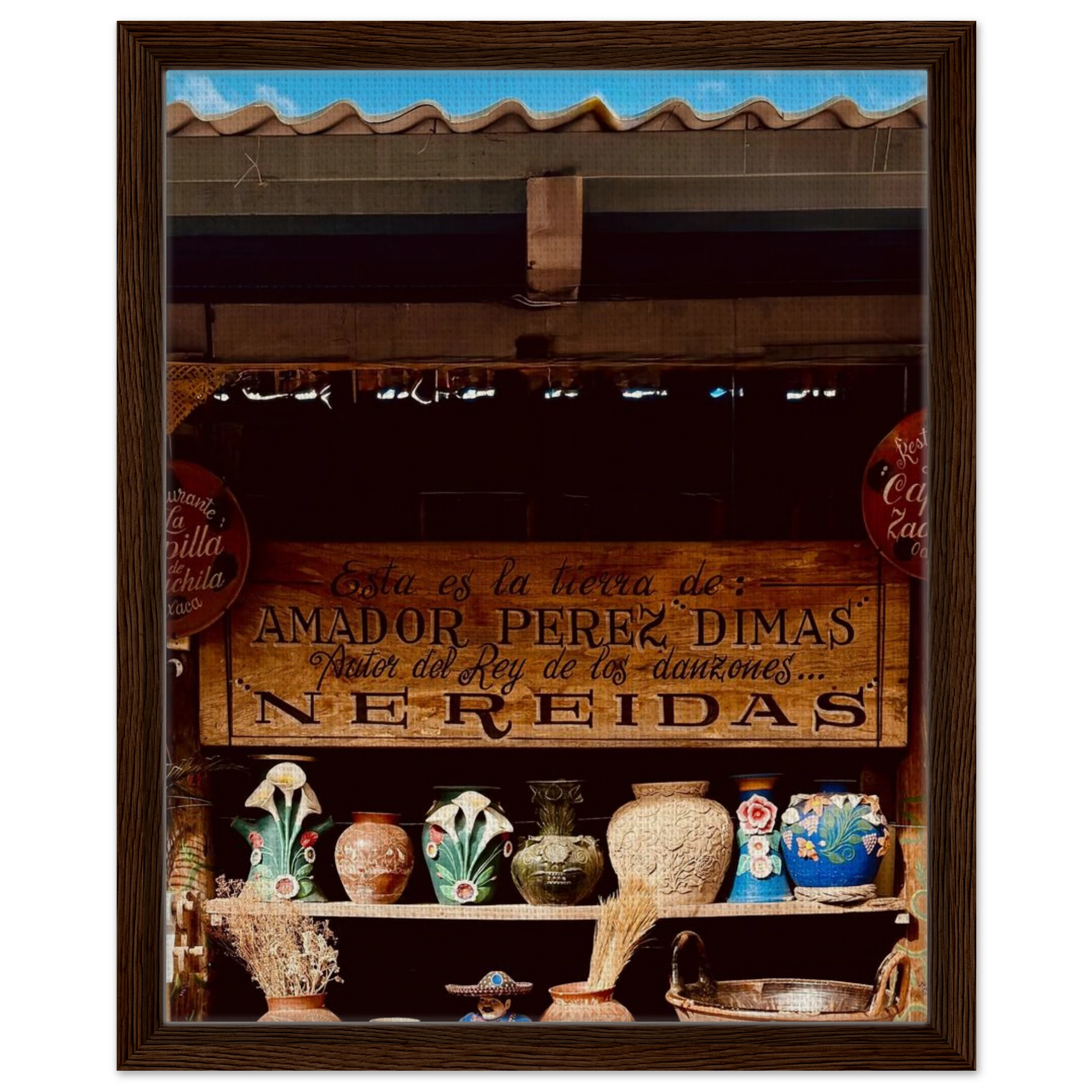 Framed canvas print of Oaxaca street fair scene by CaliCuration, featuring vibrant Mexican travel artwork in a studio edition.