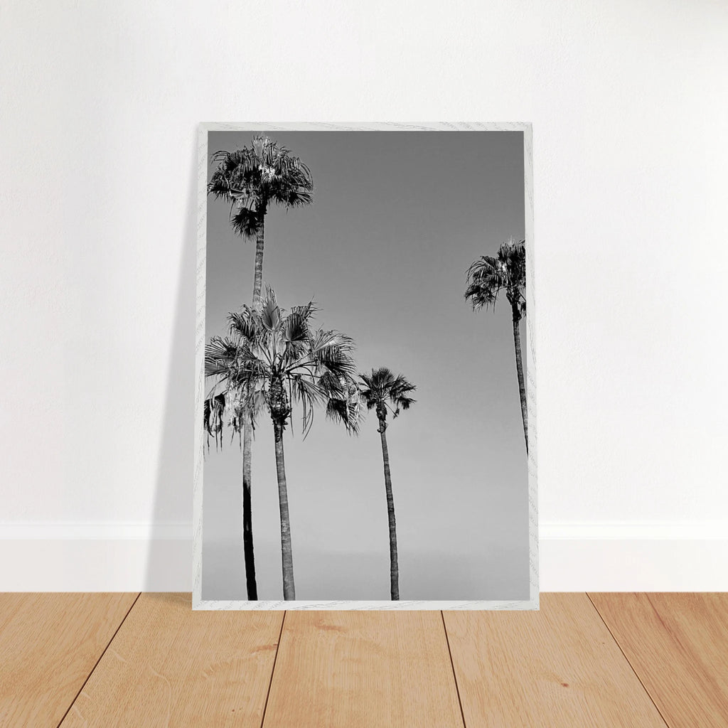 Premium wooden framed poster featuring black and white California beach icons from the SoCal Series.