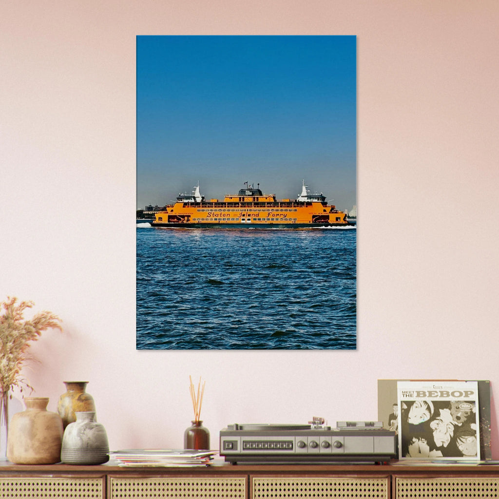 NYC skyline canvas print featuring the iconic Staten Island Ferry, part of CaliCuration's Travel Collection, studio edition artwork.
