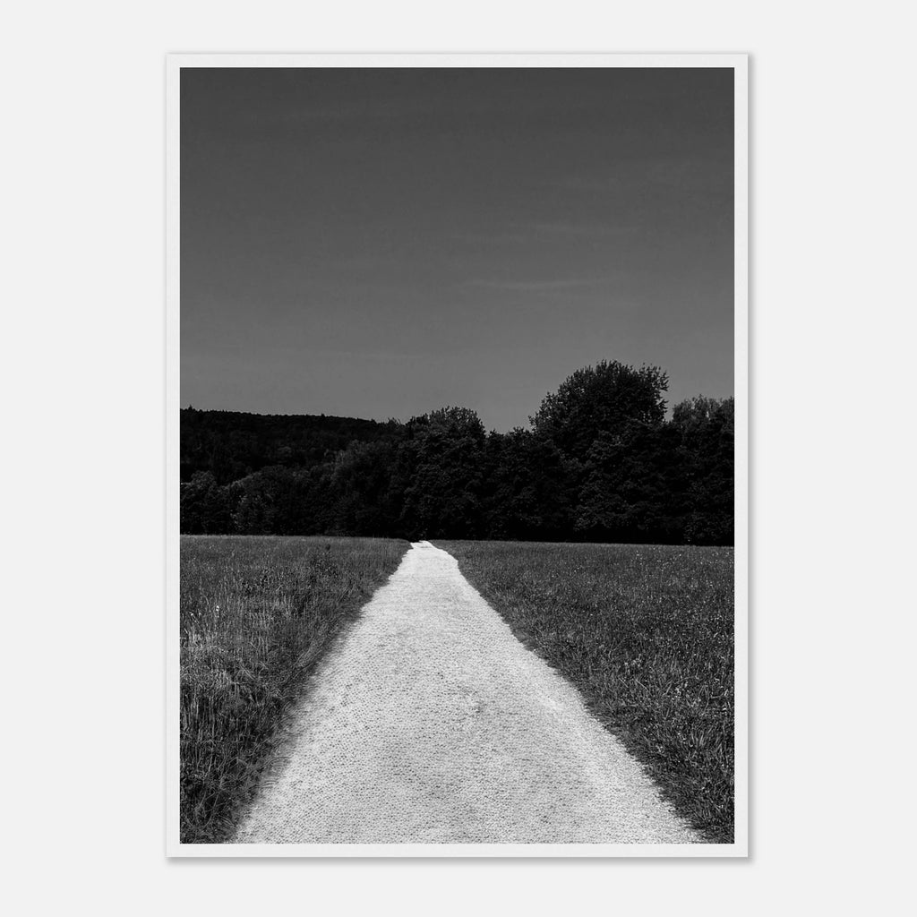 Black and white framed poster print of a summer road scene from the Travel Collection, featuring a wooden frame and semi-glossy paper.