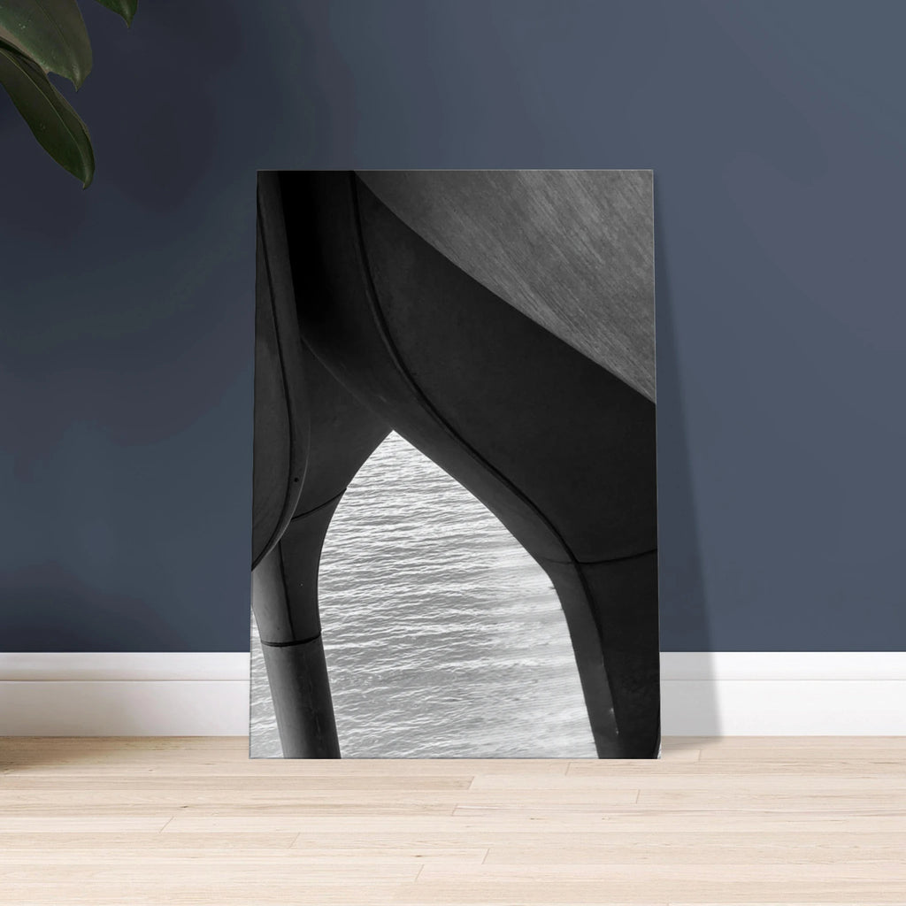 Abstract canvas print of NYC Hudson River pier with high heels in water, from My Store's black and white travel collection.