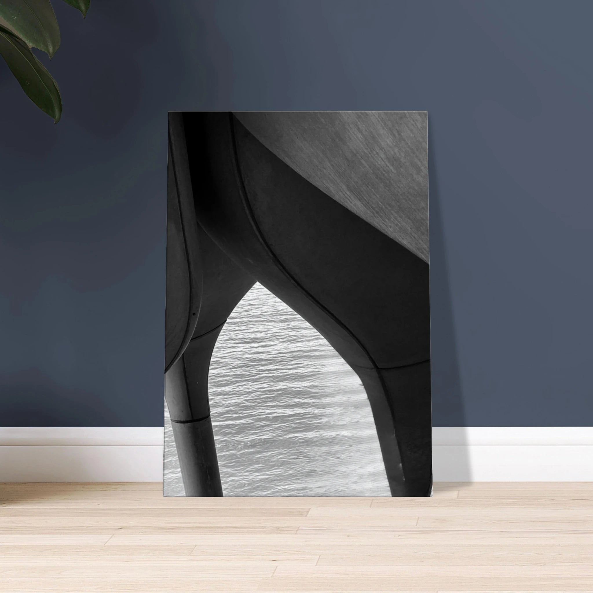 Abstract canvas print of NYC Hudson River pier with high heels in water, from My Store's black and white travel collection.